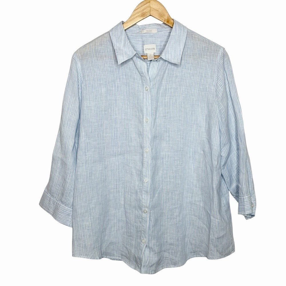 Chicos No Iron Linen Button Up Shirt Blue White Stripe Womens 2 Large 3/4 Sleeve